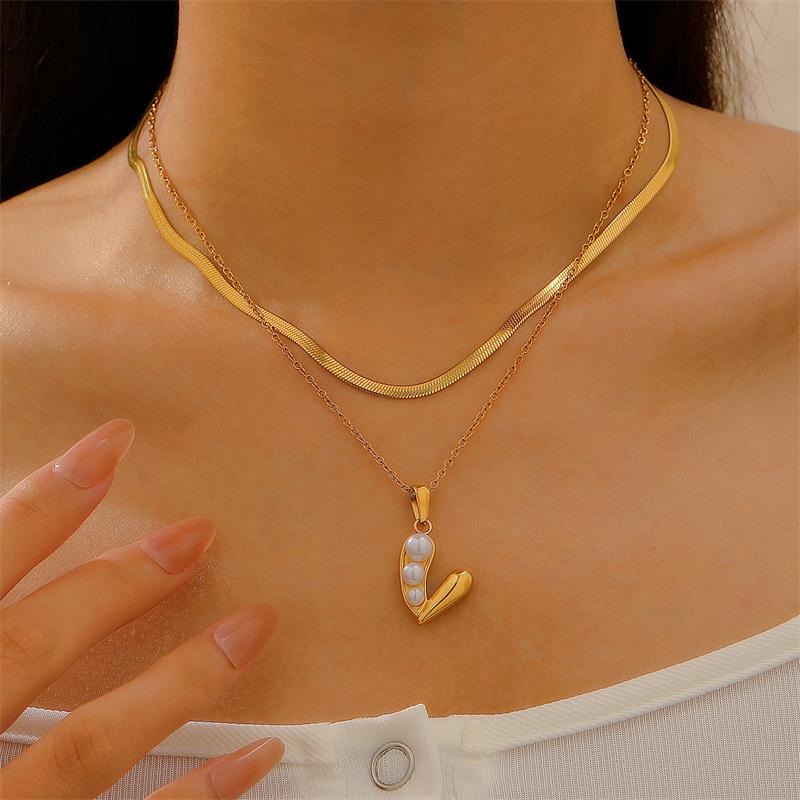 2pcs/set Stainless Steel Ethnic Snake Bone Chain Pendant Necklace Women Vintage Imitation-Pearl Beaded Collar Necklace