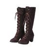 Mode Mittelalterlich Viktorianisch Damen Kniehohe Stiefel Gothic Wildleder Klobiger Absatz Schnürschuhe Mid-Calf Schuhe Cosplay Kostüm