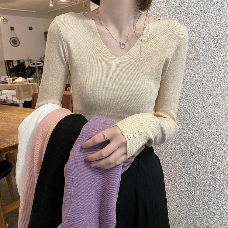 

Женский облегающий однотонный трикотажный топ с V-образным вырезом и длинным рукавом One Size абрикосовый