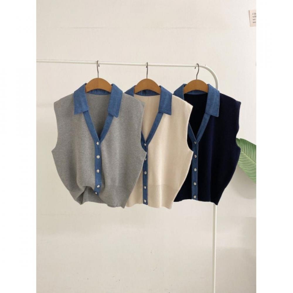 Honey J Men Seiken Collar Denim Knitted Vest 3color