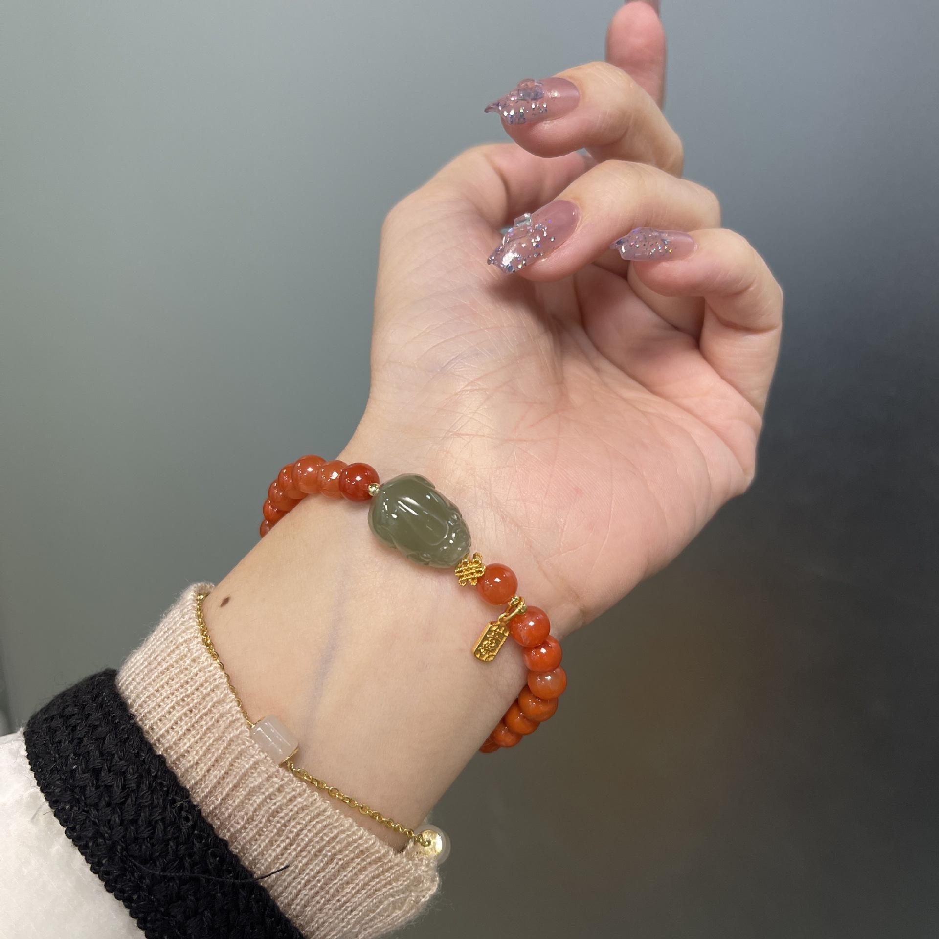 

Natural Southern Red Agate & Hetian Green Jade Pixiu Bracelet with S925 Silver - Chinese Hanfu Style Accessories 13cm-14cm Wrist