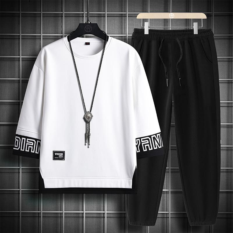 

Летняя мужская модная повседневная простая свободная толстовка с принтом и брюки, комплект из двух предметов