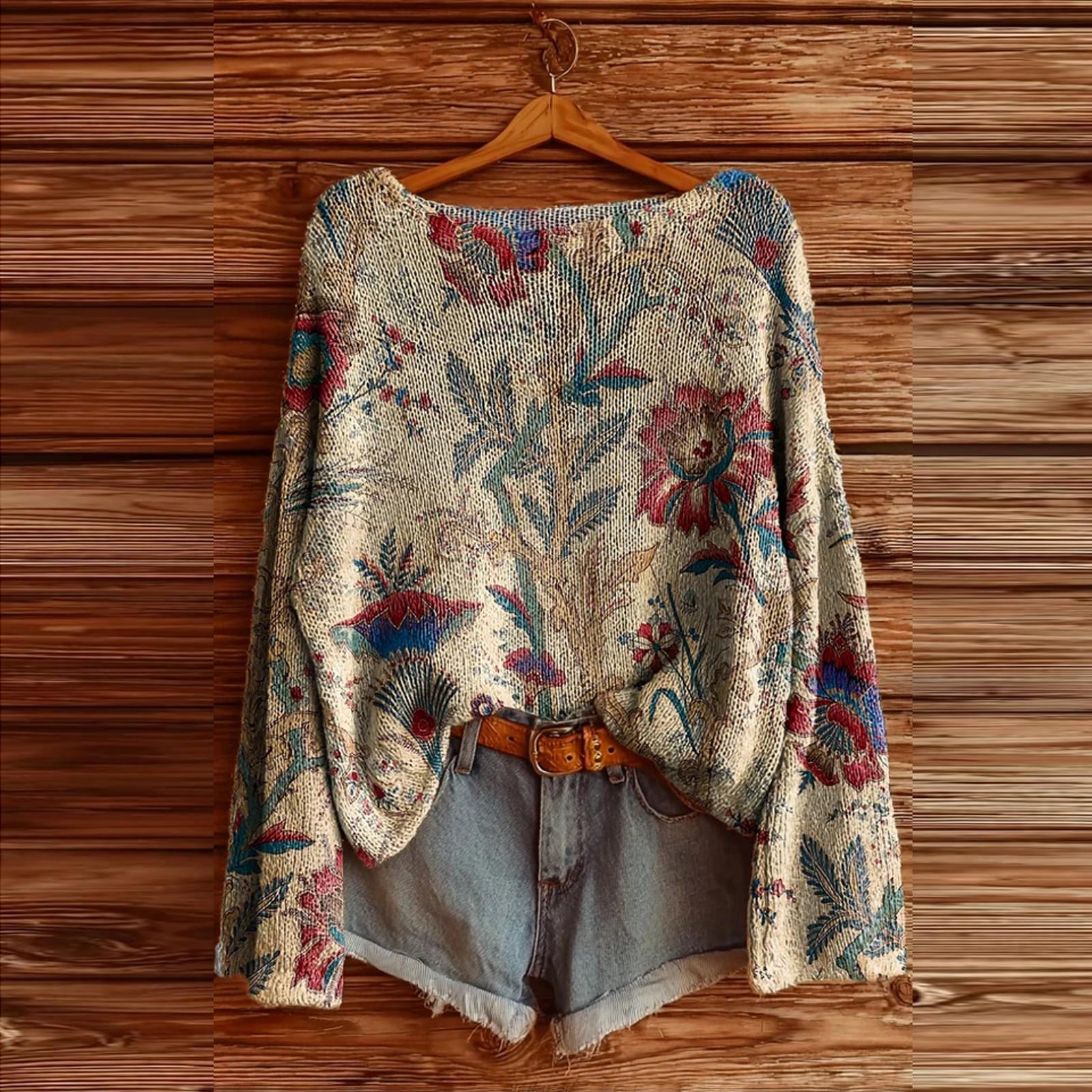 

Женская футболка с винтажным цветочным принтом, круглым вырезом, свободная, с длинным рукавом, средней длины, с большим пальцем, с утечкой L