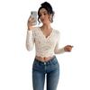Camiseta de Manga Larga Lisa Sexy de Encaje con Cuello en V para Mujer Primavera Moda Femenina Diaria Básica Oficina Señora Casual Ajuste Delgado Elegante para Mujer Camiseta de Manga Larga