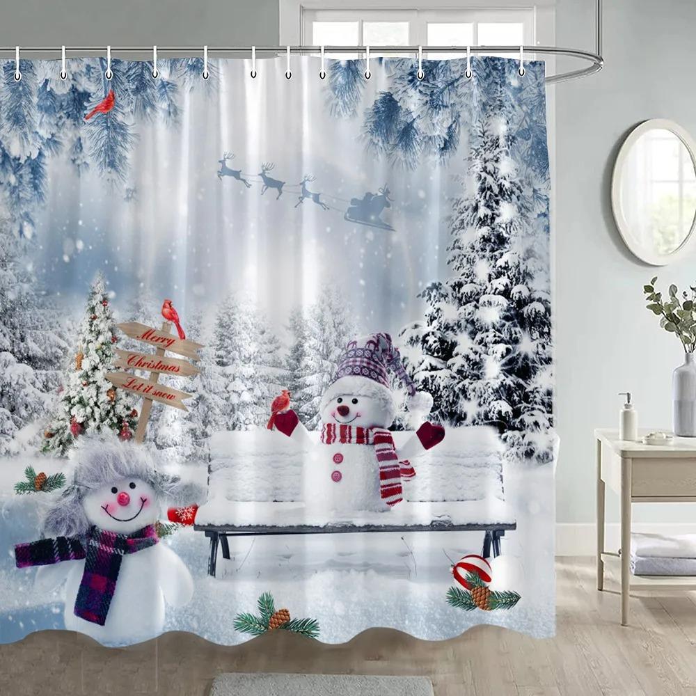Winter Christmas Shower Curtain Funny Snowman Xmas Trees Fireplace Truck Forest Snowy Scene New Year Holiday Home Bathroom Decor