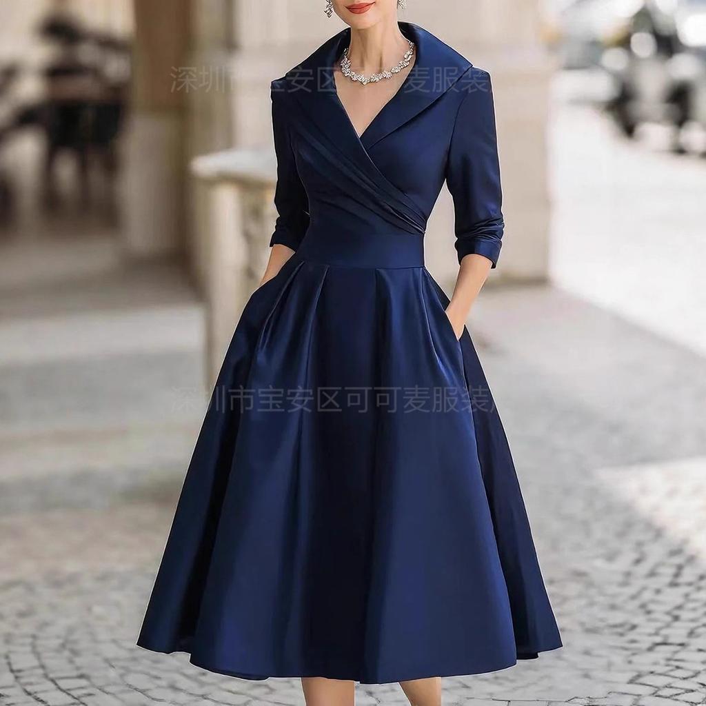 Elegant temperament waist thin dress long sleeves big swing solid color dress women