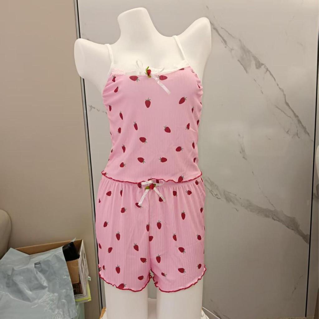 Women's Strawberry Print Lace Trim Pajama Set - Ribbed Camisole & Shorts
