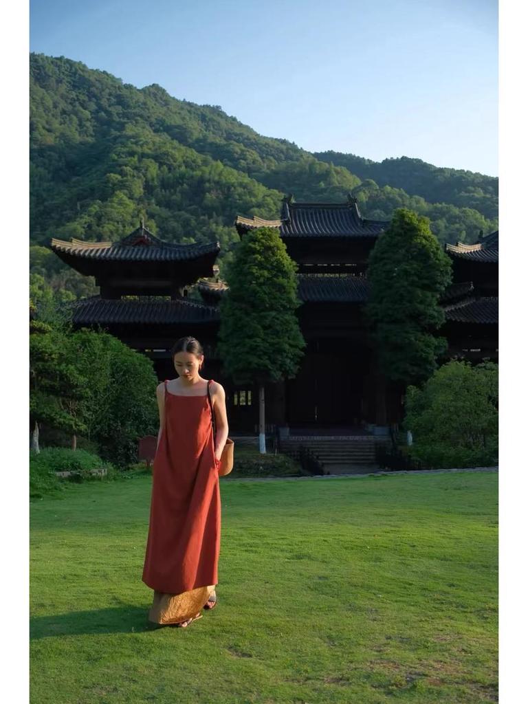 2024 Summer Slimming Natural Hemp A-line Dress with Knot Straps