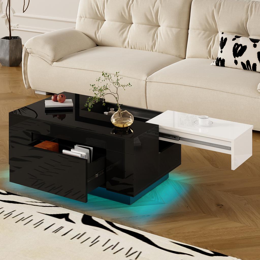 Hochglanz-Kaffeetisch mit LED-Beleuchtung, Ausziehbarer Schwarz-Weißer Tischplatte, Versteckter Stauraum und 16-Farben Einstellbarer Lichtstreifen