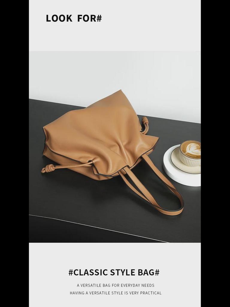 Women's Genuine Leather Pleated Bucket Bag - Autumn/Winter Shoulder Tote