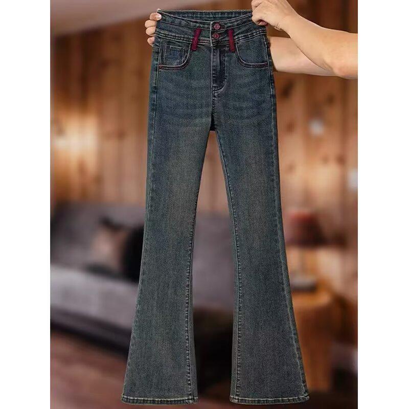 Women's 2024 Autumn/Winter Fleece-Lined High-Waisted Flared Slim-Fit Jeans
