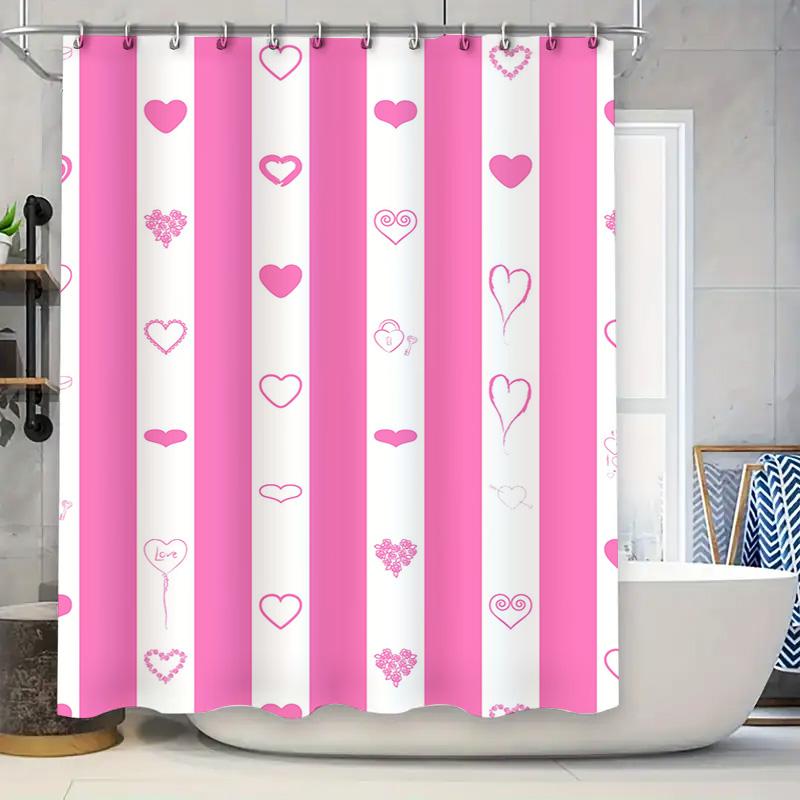 

Pink White Striped Shower Curtain With Love Heart Pattern For Bathroom Decor Waterproof Fabric Shampoo Soap Bag Set Home Accesso W60H190(CM)-1 Pcs
