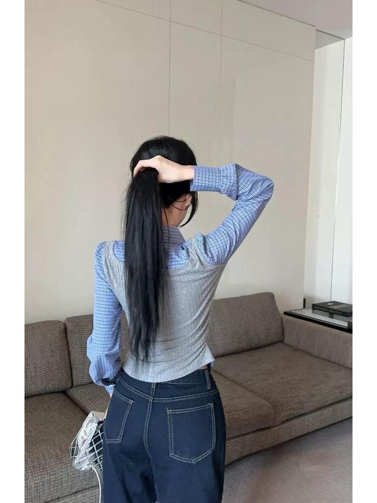 Women's Plaid Layered Shirt: Trendy College Style, Age-Reducing Two-Piece for Autumn/Winter, Featuring Inner Vest and Base Layer.