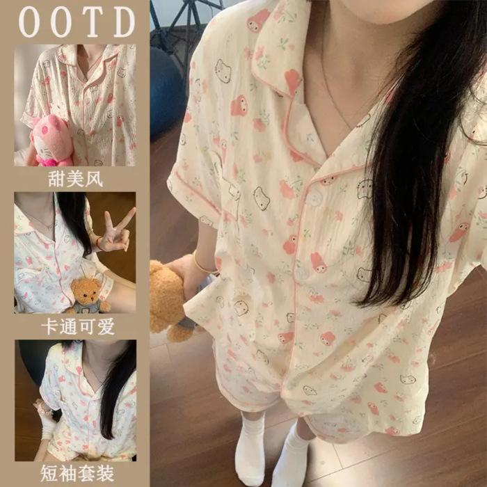 

Cartoon cute pajamas women s summer new sweet print Korean version loose and comfortable thin short-sleeved loungewear set M