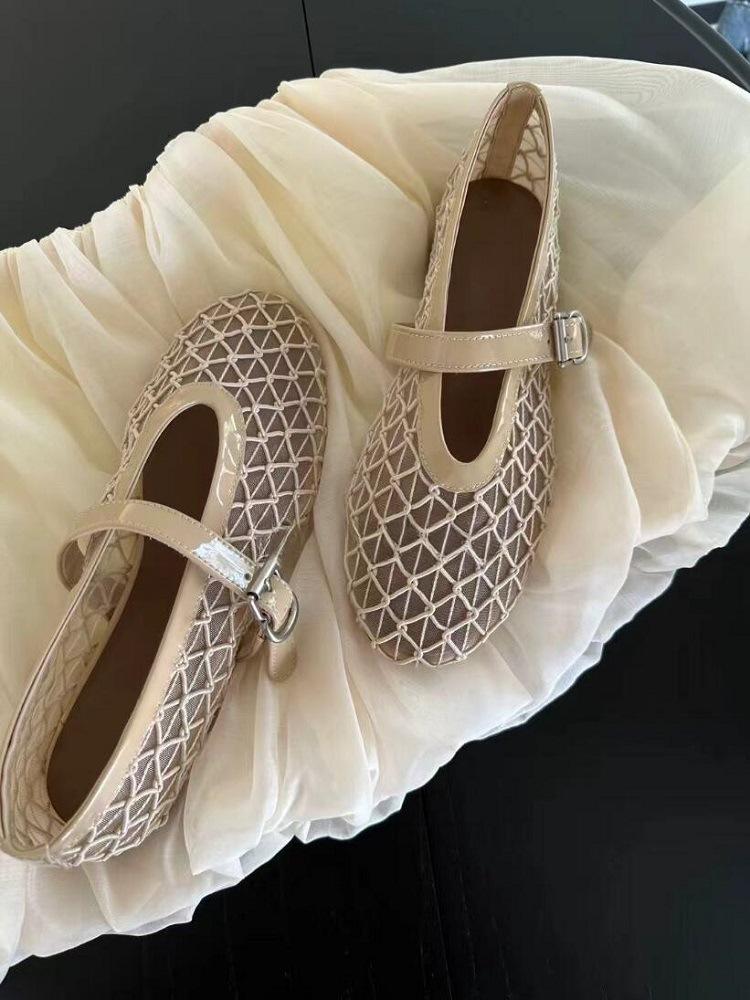 

Sheepskin version~ French mesh hollowed-out sandals breathable shallow mouth flat Mary Jane shoes women s single shoes summer fishing net shoes 35
