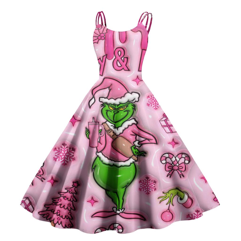 Women's Christmas Hat Printed Sexy Slim-Fit Off-Shoulder Punk Retro Dress