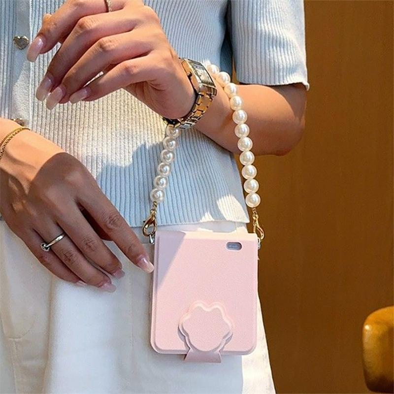 Pink Flip Book phone case for Samsung Z Flip 6 ZFlip5 OPPO Find N2 Flip / OPPO Find N3 Flip/Xiaomi Mix Flip Case with pearl chain