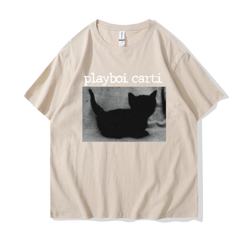 Playboi Carti Oversized Hip-Hop T Shirts Cute Cat Harajuku Print Tee Regular Mens Tops Quality Rapper Tshirt
