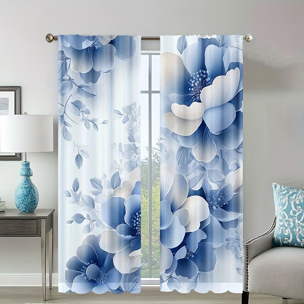 2 Panels Blue and White Floral Print Door Curtains - Polyester Fabric for Living Room, Kitchen, Office, Bedroom
