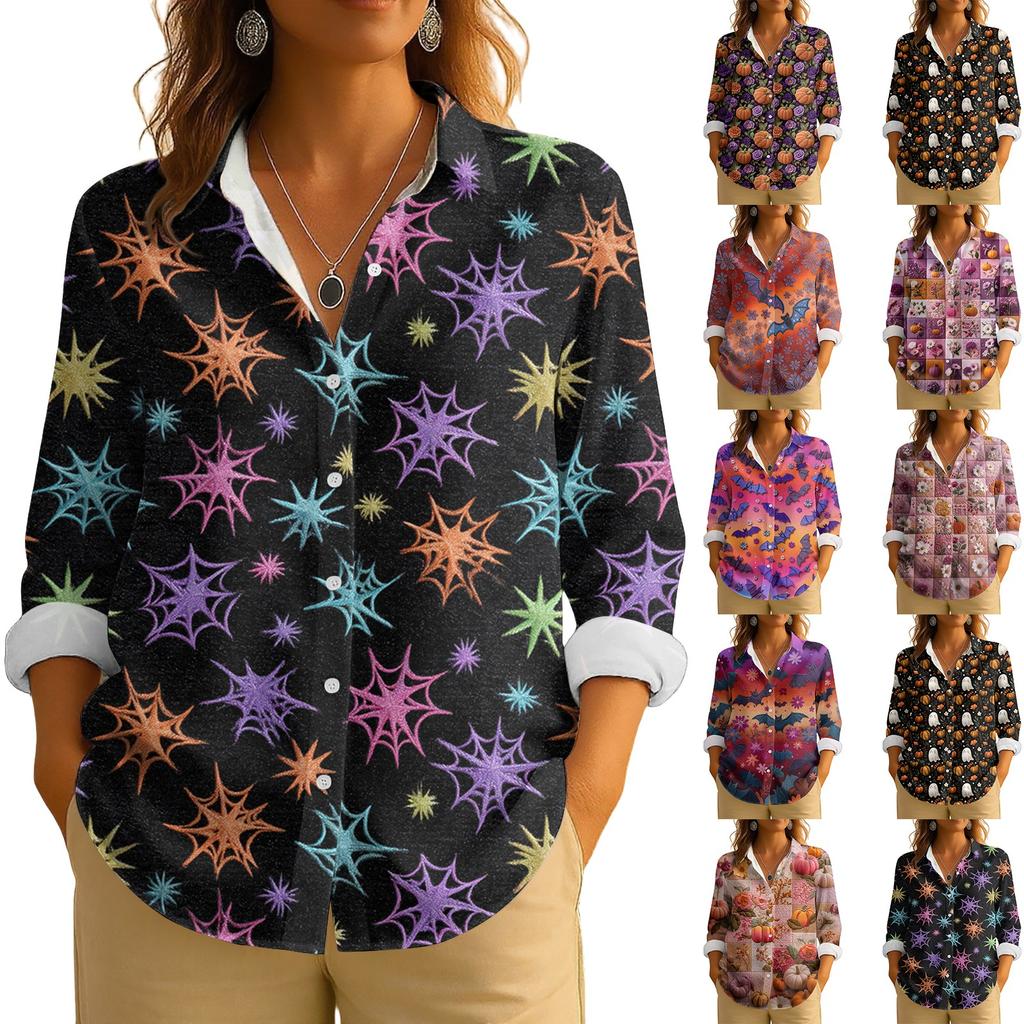 Dámská retro halloweenská potištěná košile s dlouhým rukávem na knoflíky, ležérní top s klasickým límečkem