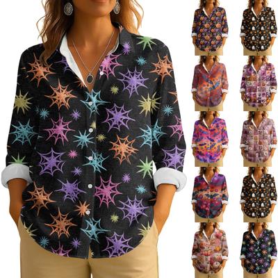Women's Retro Halloween Printed Button Up Long Sleeved Casual Regular Shirt Collar Top