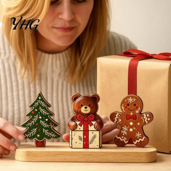 Desktop Christmas Tree Decor Wooden Ornaments, Vintage Colorful Decoration, Rustic Holiday Wood Figurines Miniature Snowman Figures with Pine