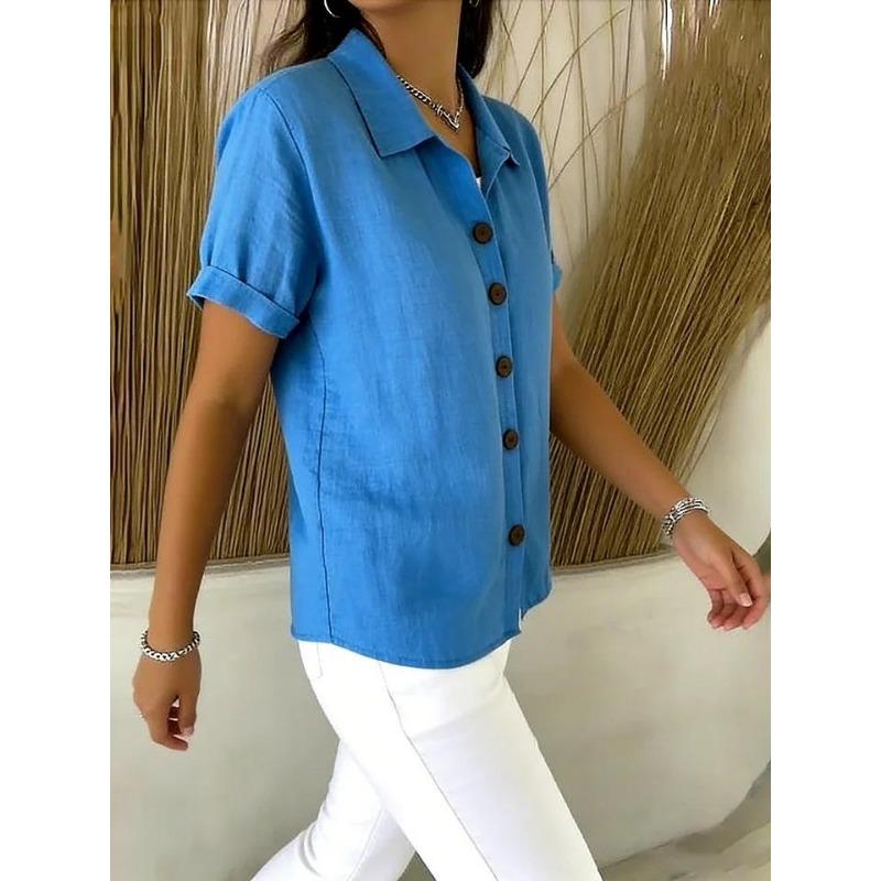 Casual Comfortable Cotton Linen Short Sleeve Button Shirt For Women