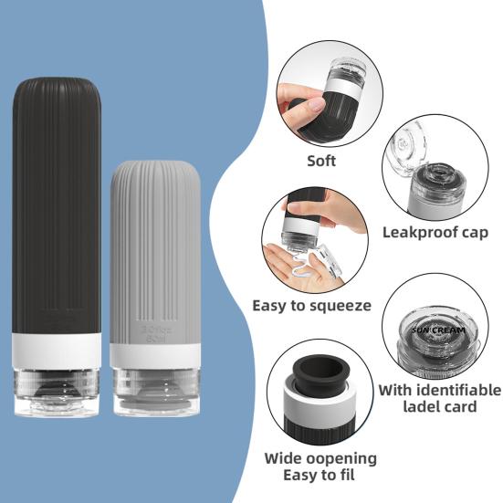 סט 1 60/90 מ"ל בקבוקי נסיעות מסיליקון עמידים לדליפה רב-פעמיים לאחסון קרם פנים, תחליב, קרם הגנה, בקבוק אחסון נייד למילוי חוזר, ריק לכלי רחצה