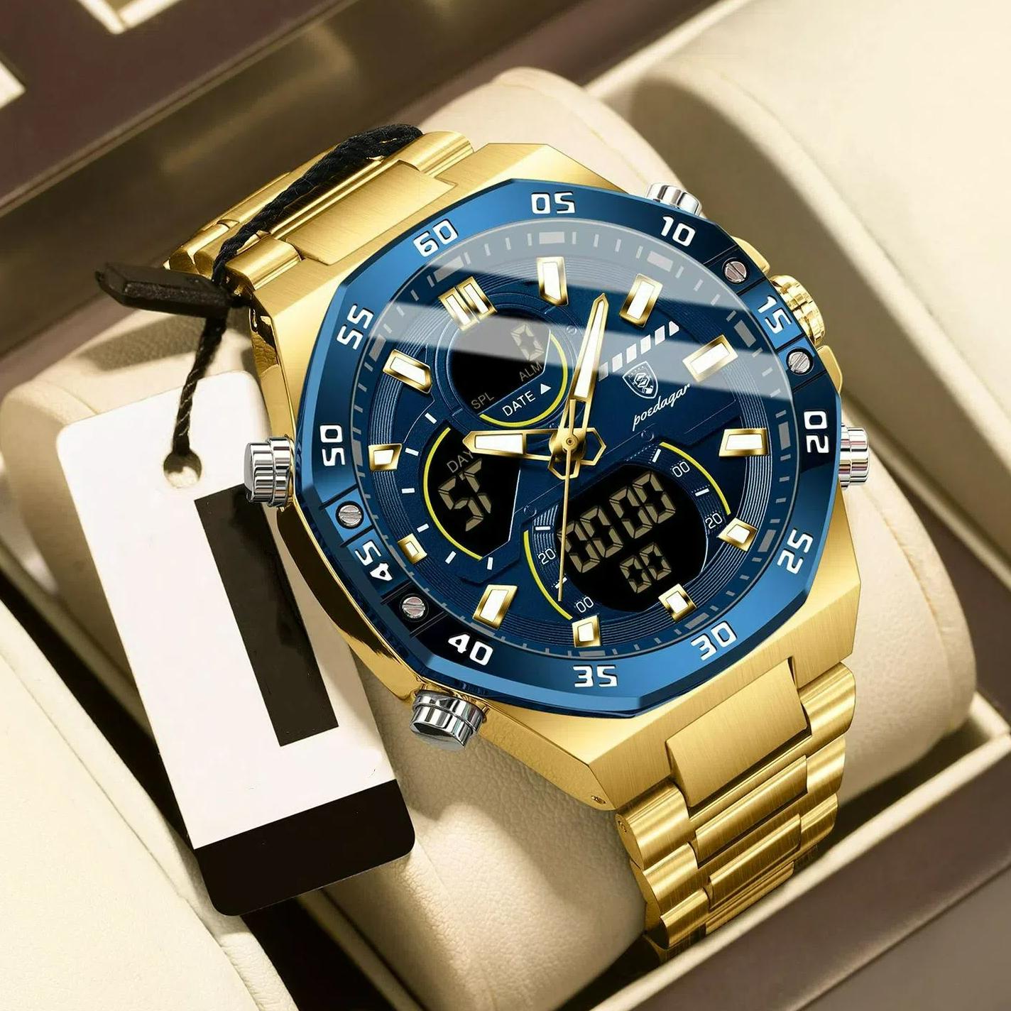 

POEDAGAR Top Original Men Clock LED Luminous Waterproof Week Date Man Wristwatch Electronic Stainless Steel Quartz Men s Watches золотой/синий