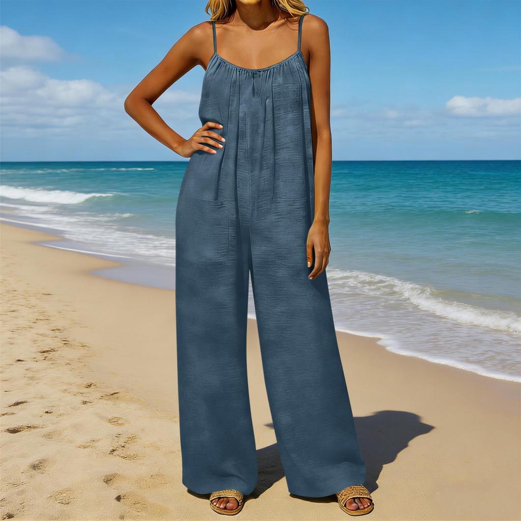 Damen-Jumpsuit, Lässige und lockere Passform, Mit rückenfreiem Design und dünnen Vintage-Trägern. Dieser Loungewear-Jumpsuit ist aus Baumwolle und Li