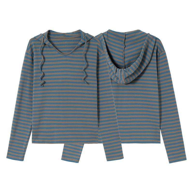QIYOU 2026 Spring Women's Blue-Gray Striped Retro Casual Slimming Hooded Sweatshirt