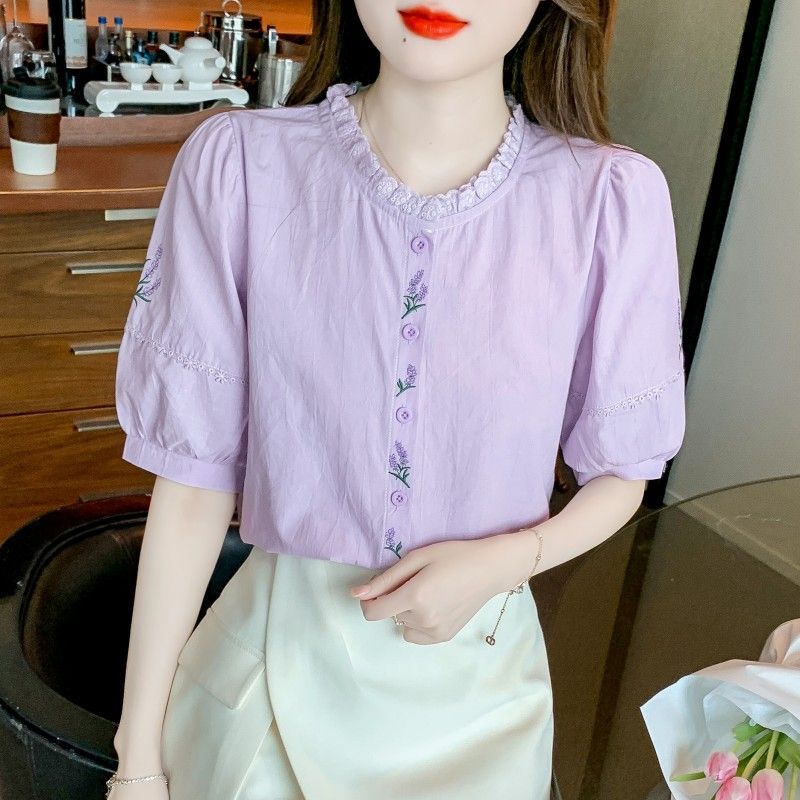 New Summer Women's Fashion Age-reducing Embroidered Cotton Shirt for Women's Fashionable Cotton Puff Sleeve Loose Top