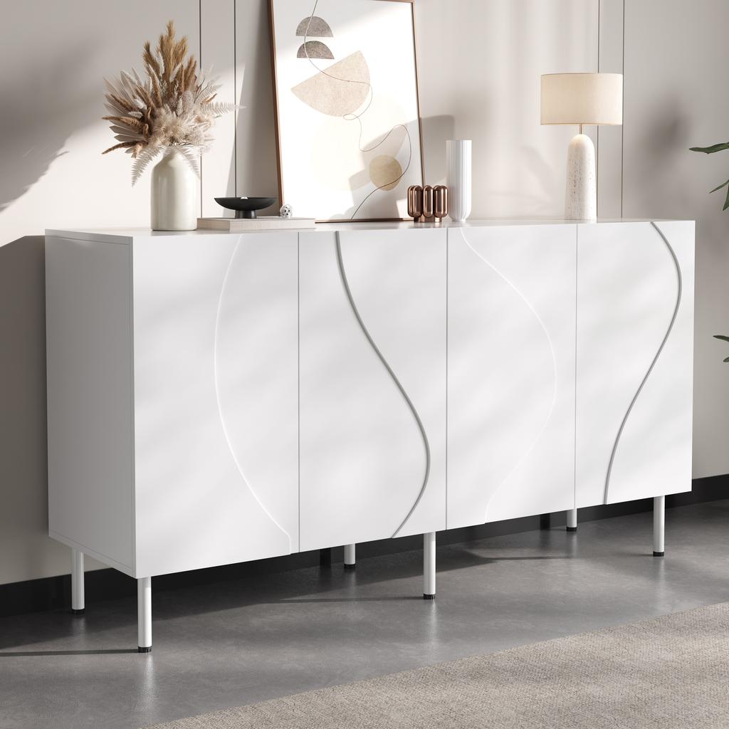 Modern sideboard with 3D curved doors, handleless design, living room hallway storage, made of PB and MDF, metal legs