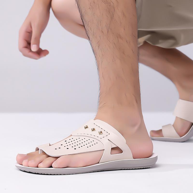 Herren Braune Flache Hausschuhe Sommer Weiß Breite Zehenpartie Römische Sandalen Retro Schwarze Leder Strandschuhe Große Größen