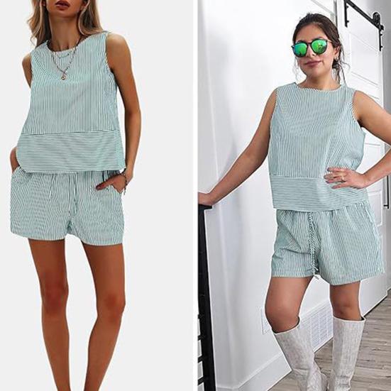 Γυναικεία καλοκαιρινά 2 τεμάχια, σετ αμάνικα σορτς με φανελάκι, casual ριγέ φόρμα, σετ για διακοπές και παραλία, ασορτί σετ