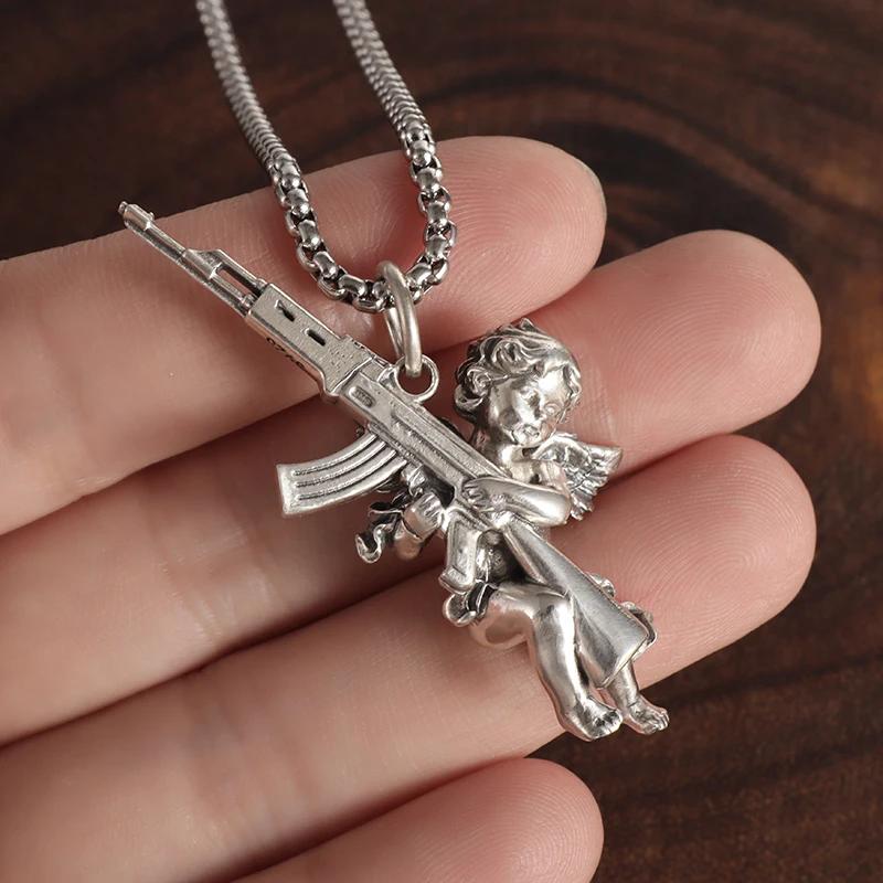 Avenging Angel Machine Gun Pendant Stainless Steel Necklace Suitable for Men and Women Hip-Hop Trendy Punk Jewelry Couple Gifts