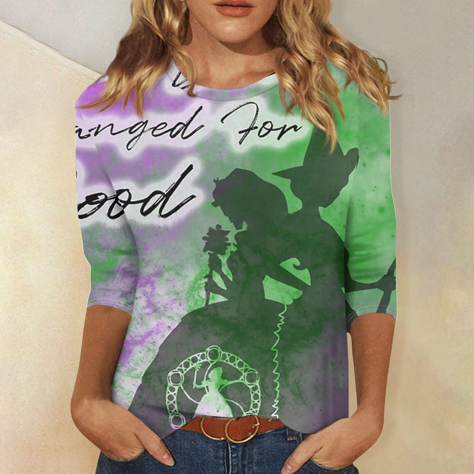 

Женская модная повседневная футболка с круглым вырезом и принтом «Bad Witch» с семью рукавами L зелёный