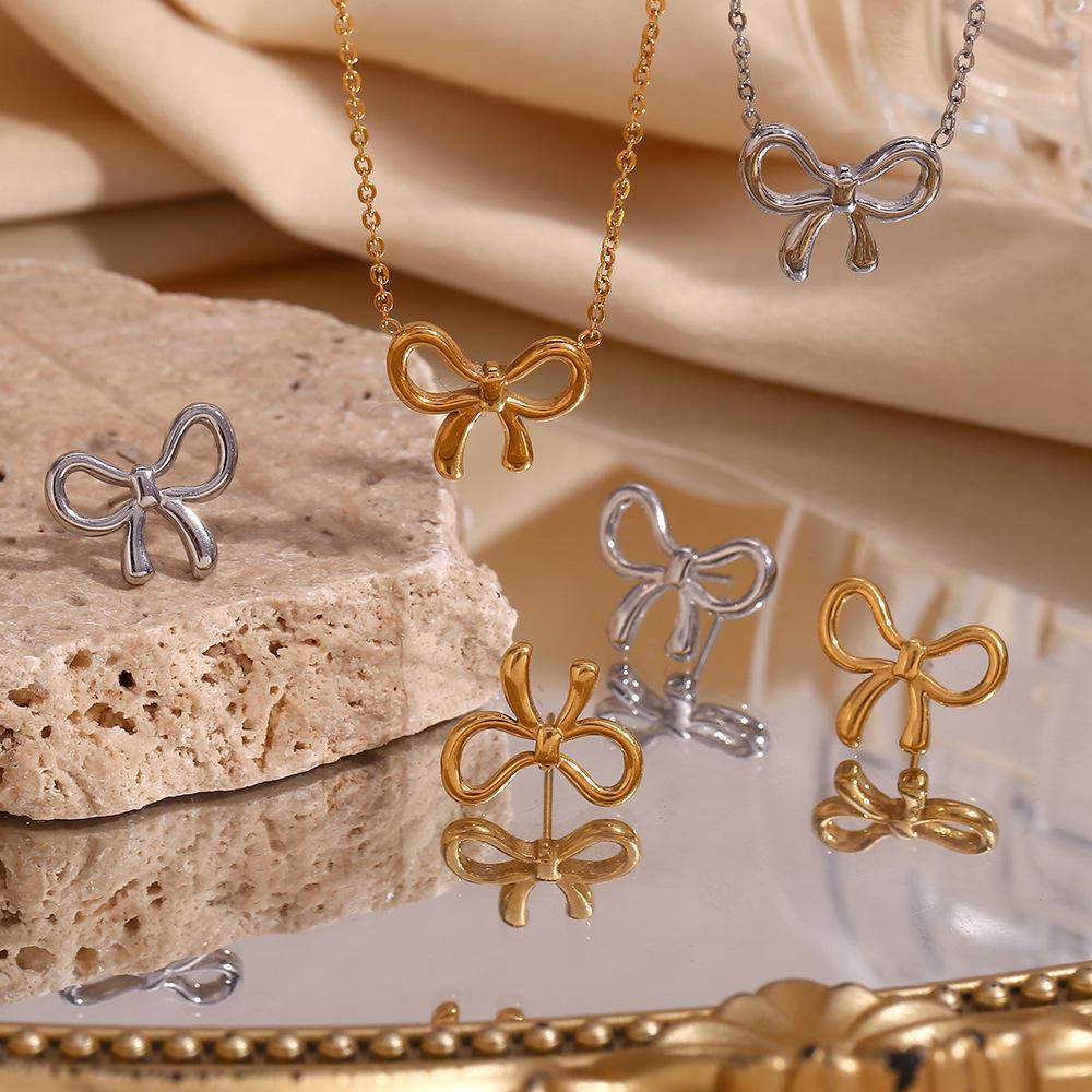 European-American Fashion: 18K Gold-Plated Stainless Steel Bow Necklace & Cute Stud Earrings for Women