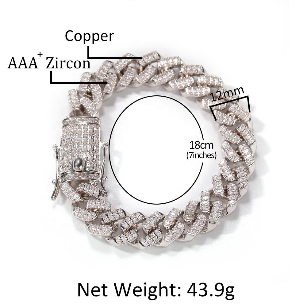 Fashion Bling Bling Gold Plated Cuban Link Chain Bracelet 12mm Square CZ Cubic Zirconia Cuban Bracelet Hip Hop Jewelry
