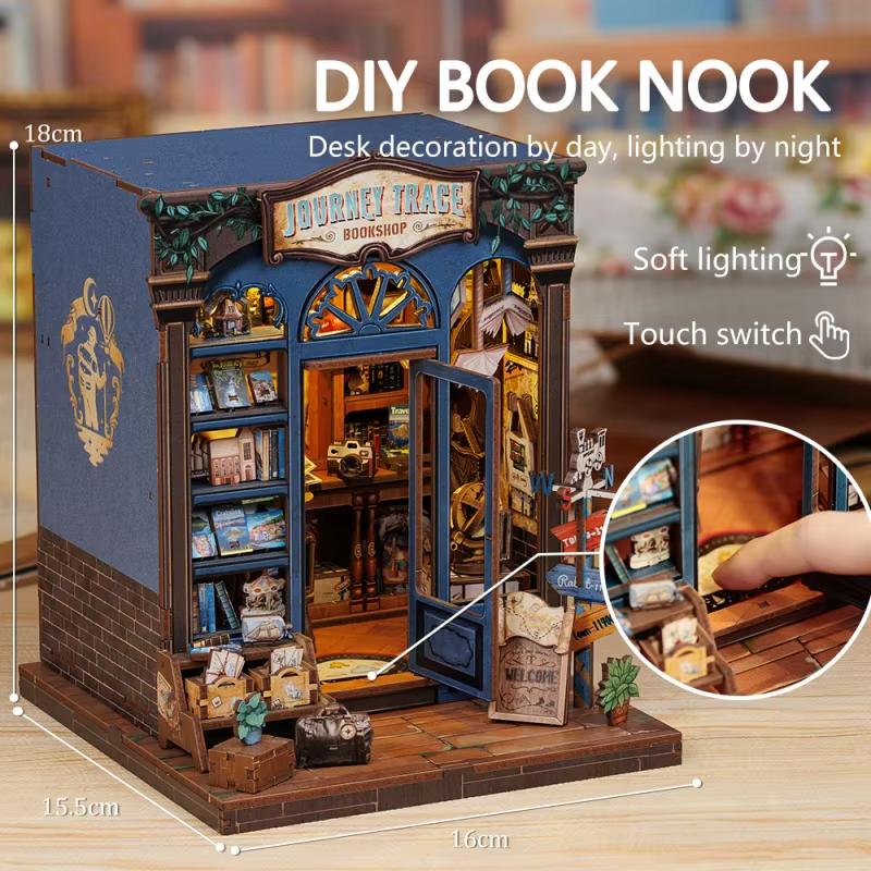 DIY Booknook Kit Miniature Dollhouse with Light Bookshelf Insert Home Decor Wooden 3D Puzzle for Journey Trace Bookshop
