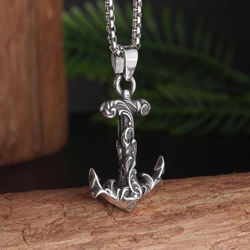 Vintage Nordic Navy Ship Rudder Anchor Pendant Necklace Men\\\ s Rock Punk Jewelry