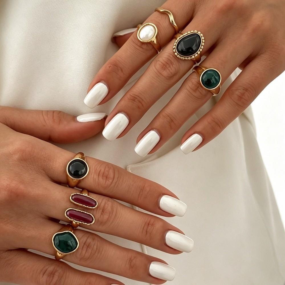7Pcs/Set Gold Tone Metal Bezel Geometric Gem Ring Finger Ring Jewelry Holiday Occasion