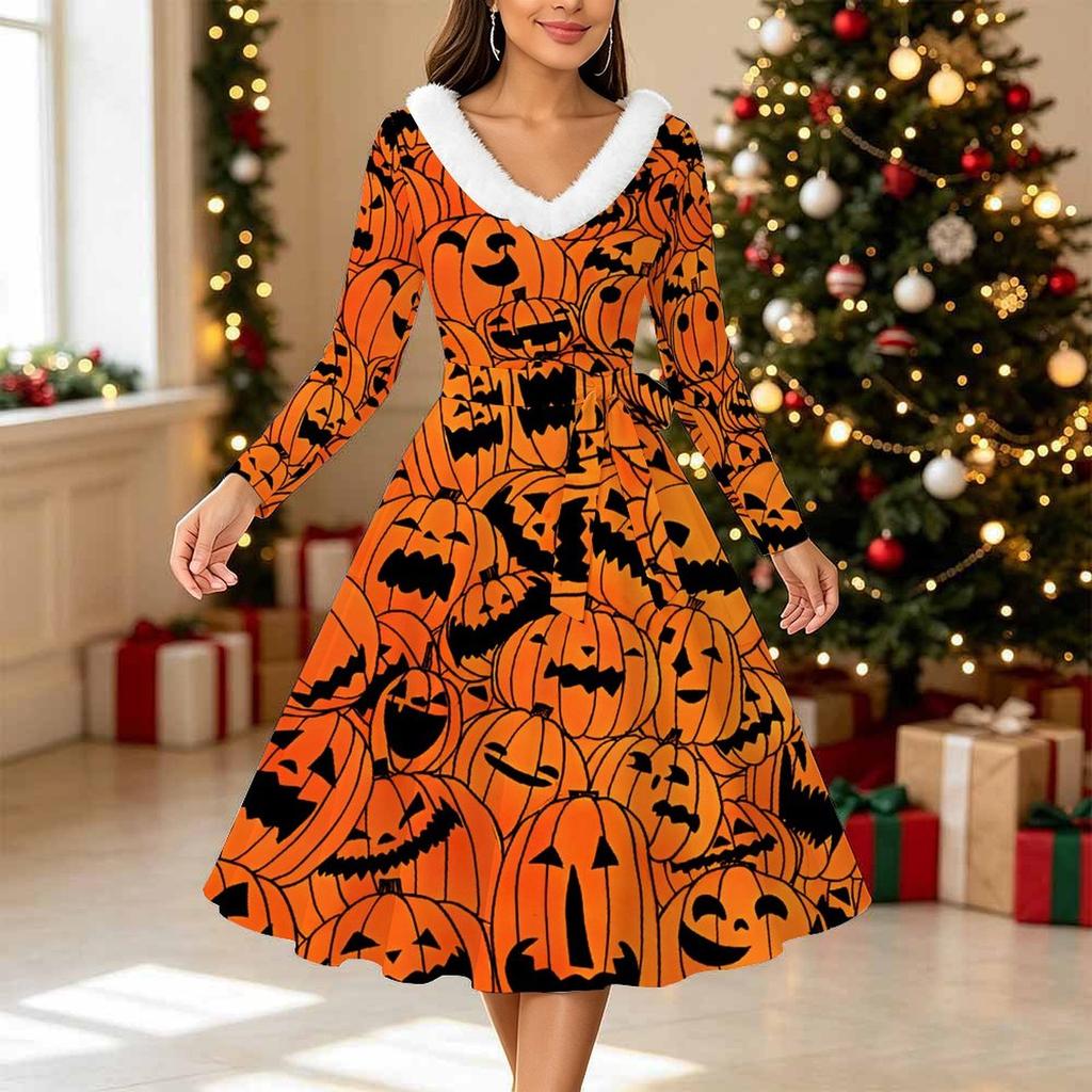 Women Halloween Pumpkin Print Midi Dress, Long Sleeve V‑Neck Furry Trim A‑Line Party Dress, Christmas Limited Edition