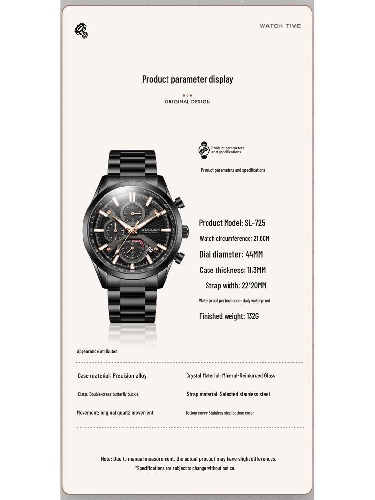 SOLLEN Men's Stainless Steel Waterproof Quartz Dress Watch