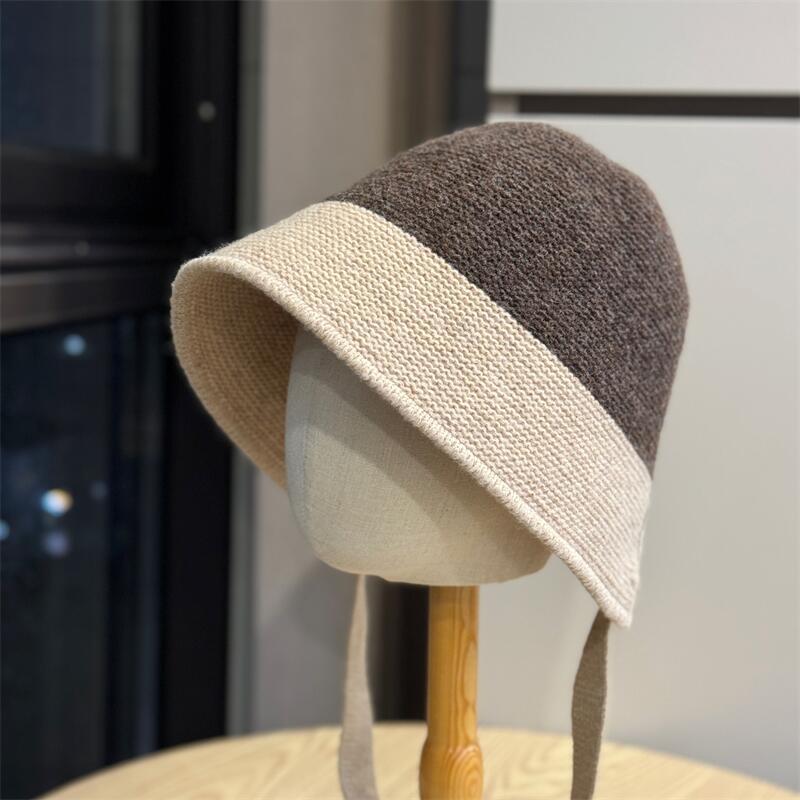 Outdoor Eaves Knitted Strap Versatile Bucket Hat Casual Color Matching Autumn and Winter Windproof Warm Face Small Wool Basin Hat
