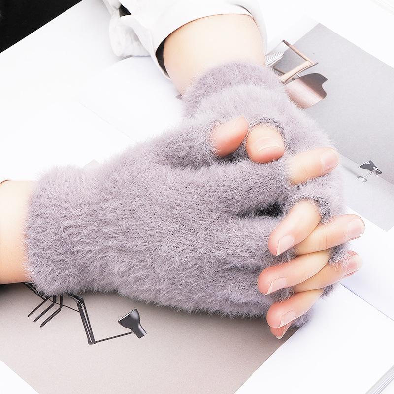 1pair Fashion Solid Comfortable Gloves Knitted Soft Elastic Half Finger Flip-up Plush
