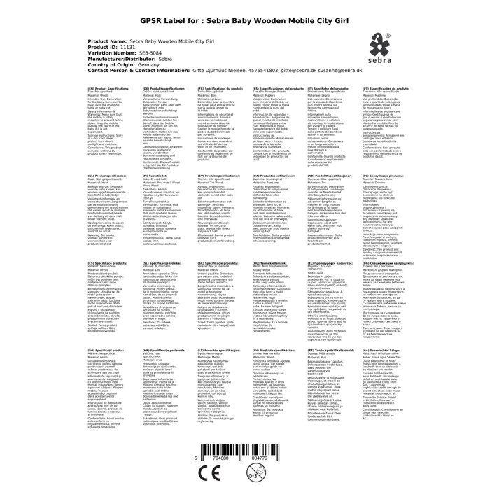 Sebra Baby Wooden Mobile City Girl