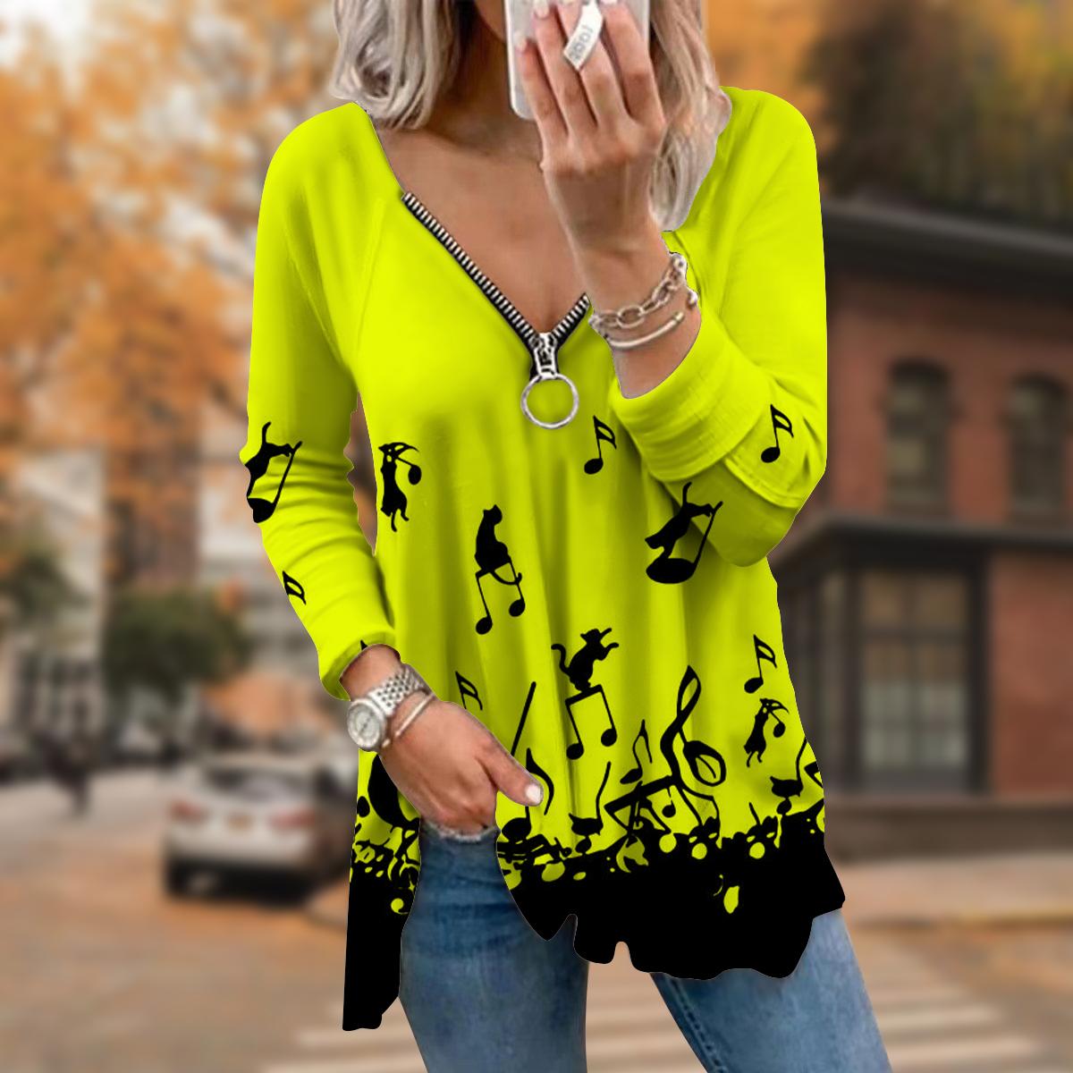 

Женские футболки с длинным рукавом и принтом «Осенние ноты» с принтом «Кошка», свободные футболки больших размеров с V-образным вырезом, удобные блузки 4XL жёлтый