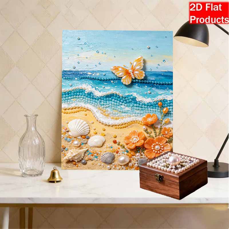 DIY Frameless Pearl Painting Kit Ocean Beach Butterfly and Flowers 3D Shiny Bead Art Canvas Relaxing Craft for Home Wall Decor Birthday Gift