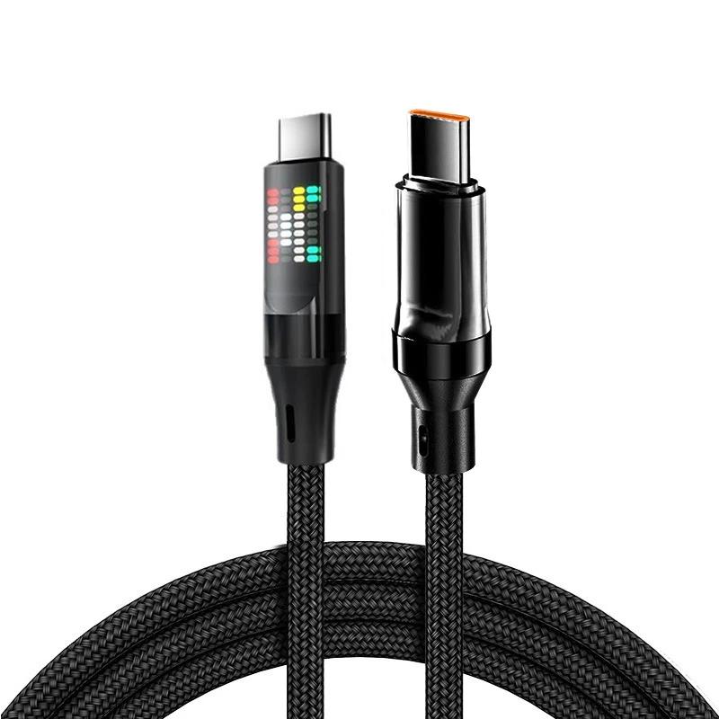 111W Cable 6A Super Fast Charging USB-A To Type-C Nylon Data Cord With Colorful LED Display USB C Cable For Xiaomi Samsung 1Pcs